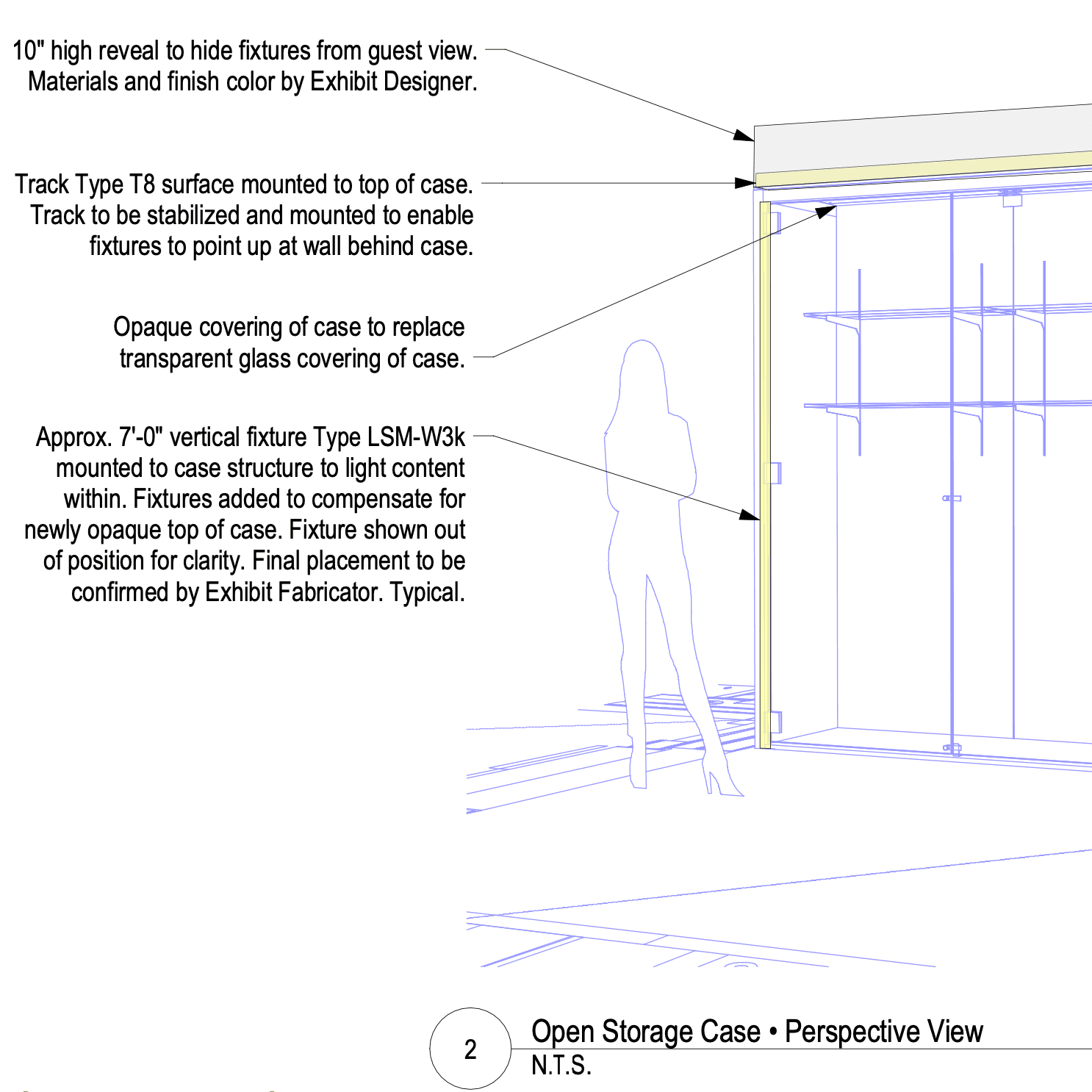 Technical perspective drawing of an open storage exhibit case, showing lighting fixture types, opaque covering details, and mounting instructions, with annotations and a silhouetted human figure for scale.