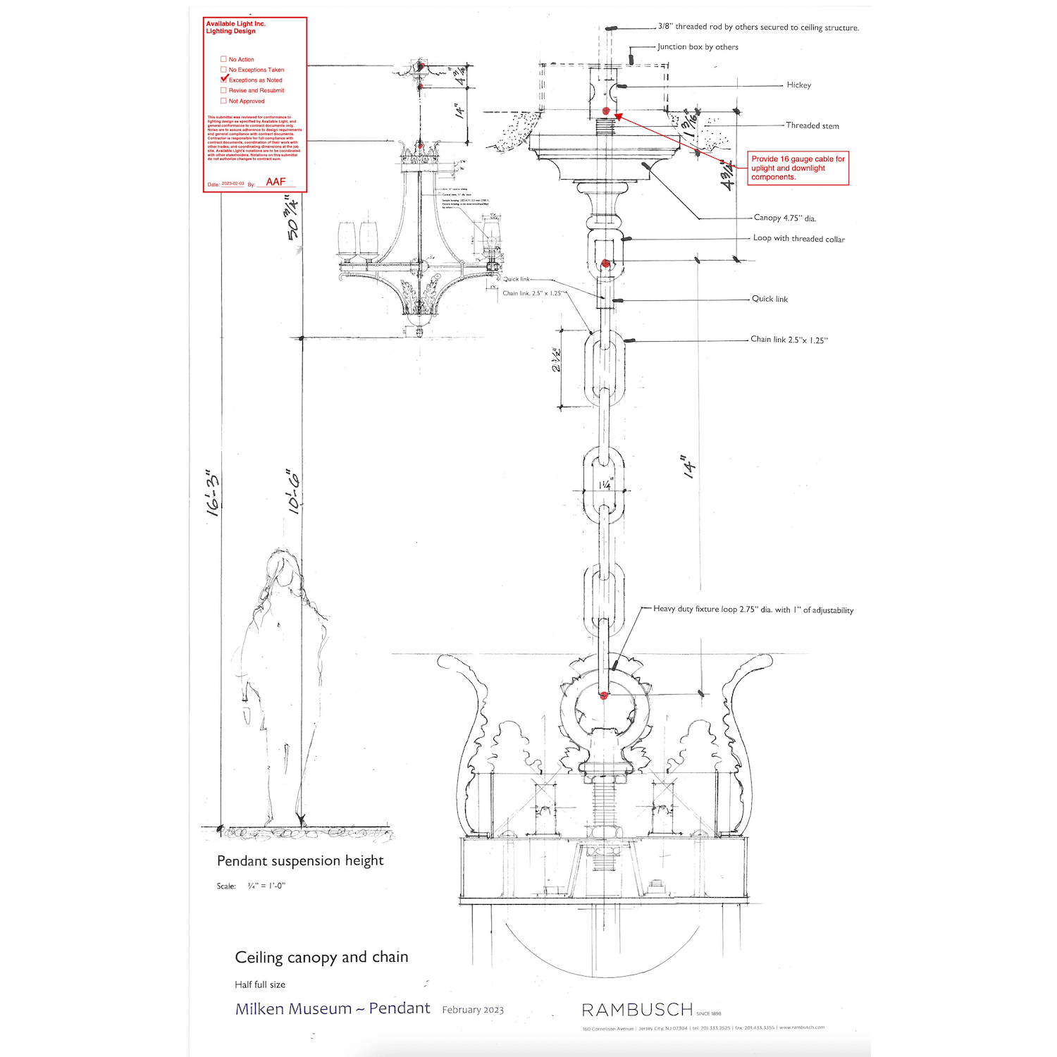 Technical drawing of a pendant light fixture for the Milken Museum, showing detailed specifications of the ceiling canopy, suspension chain, and mounting hardware, with labeled dimensions and installation notes; includes a human figure for scale and a red-annotated approval box.