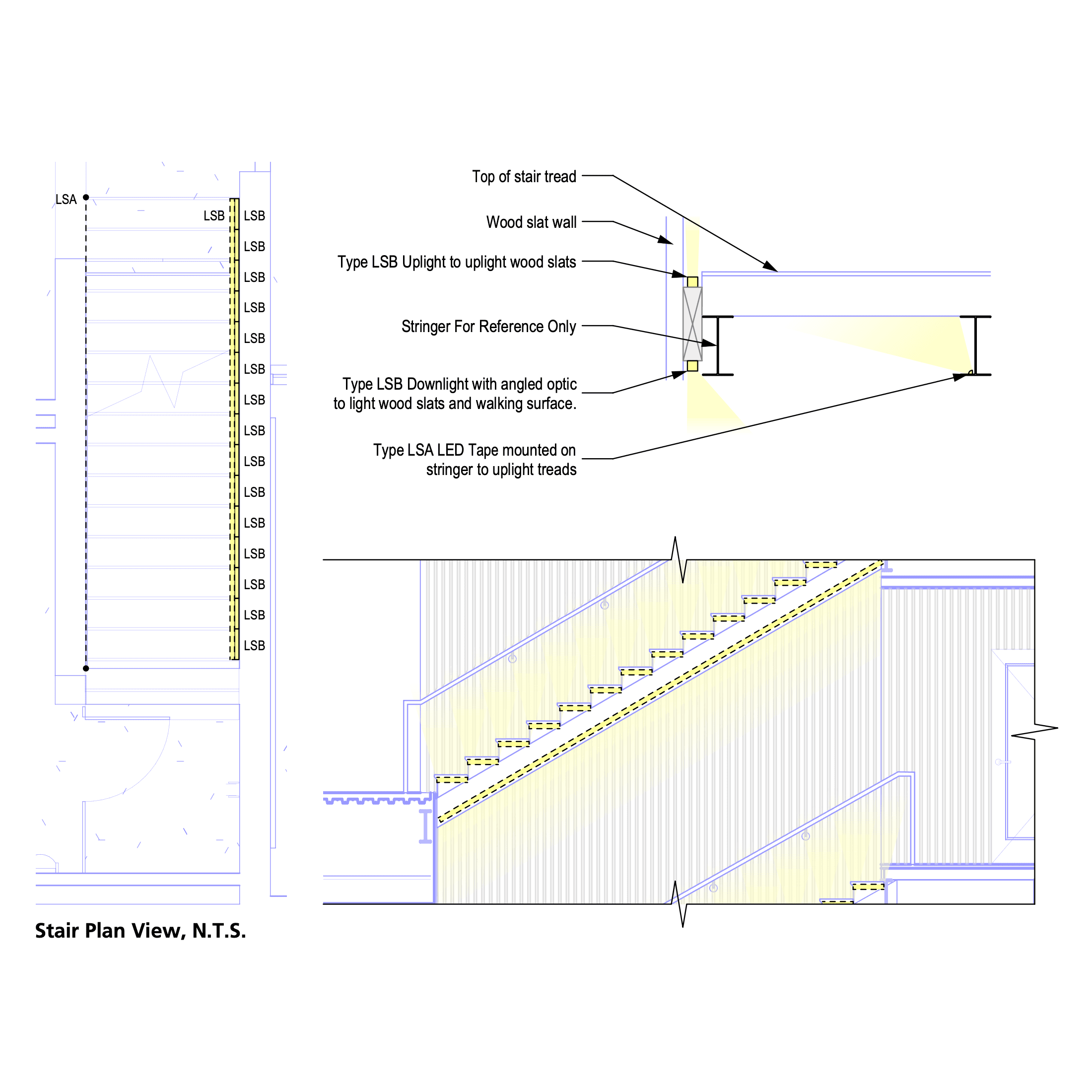 Lighting design drawing showing a stair plan and elevation view with labeled LED fixture types; includes uplights, downlights, and LED tape integrated into the stringer to illuminate wood slat walls and stair treads.