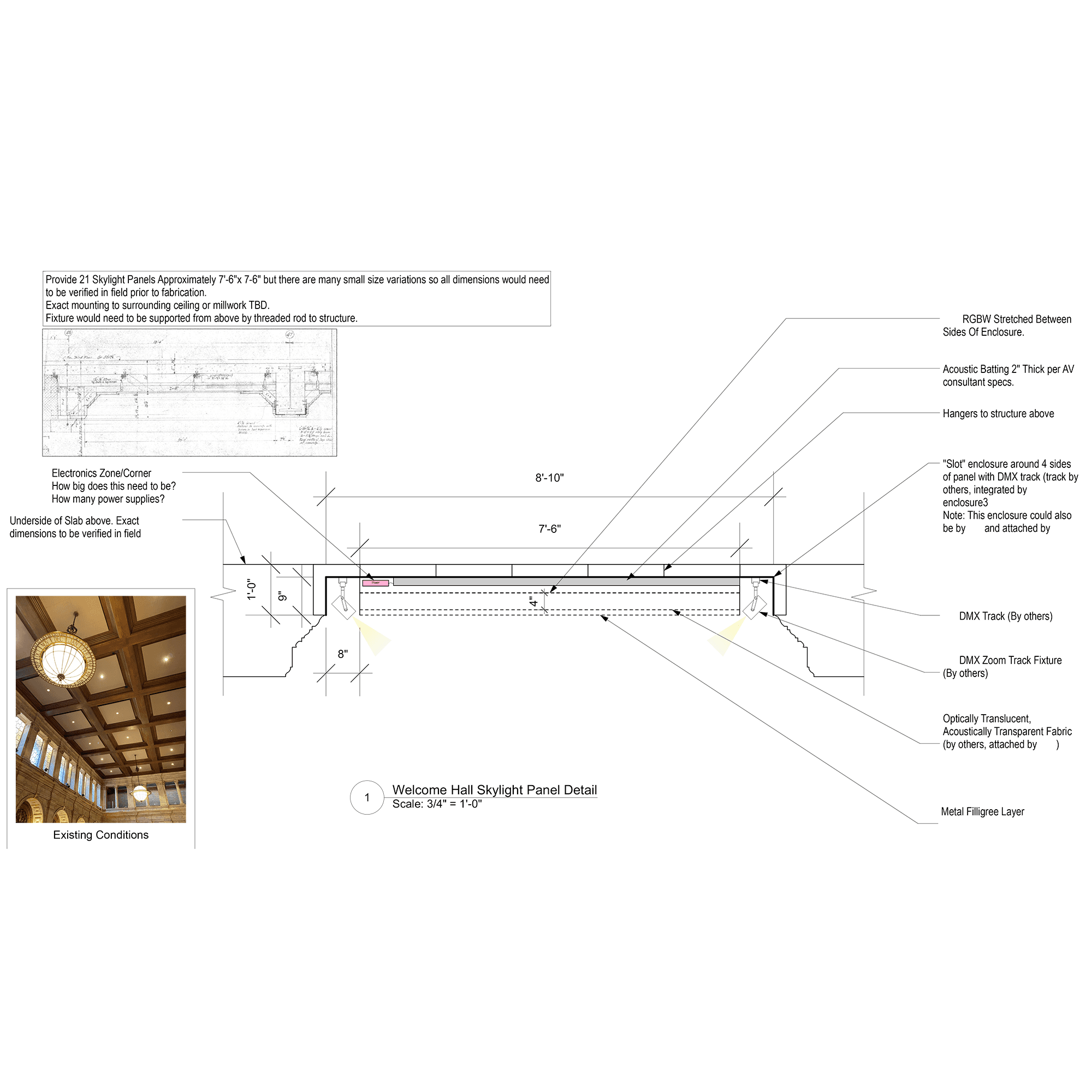 Technical drawing labeled “Welcome Hall Skylight Panel Detail,” showing a cross-section of a backlit ceiling panel with detailed notes on structure, lighting, materials, and installation; includes inset images of existing ceiling conditions and historical reference drawings.