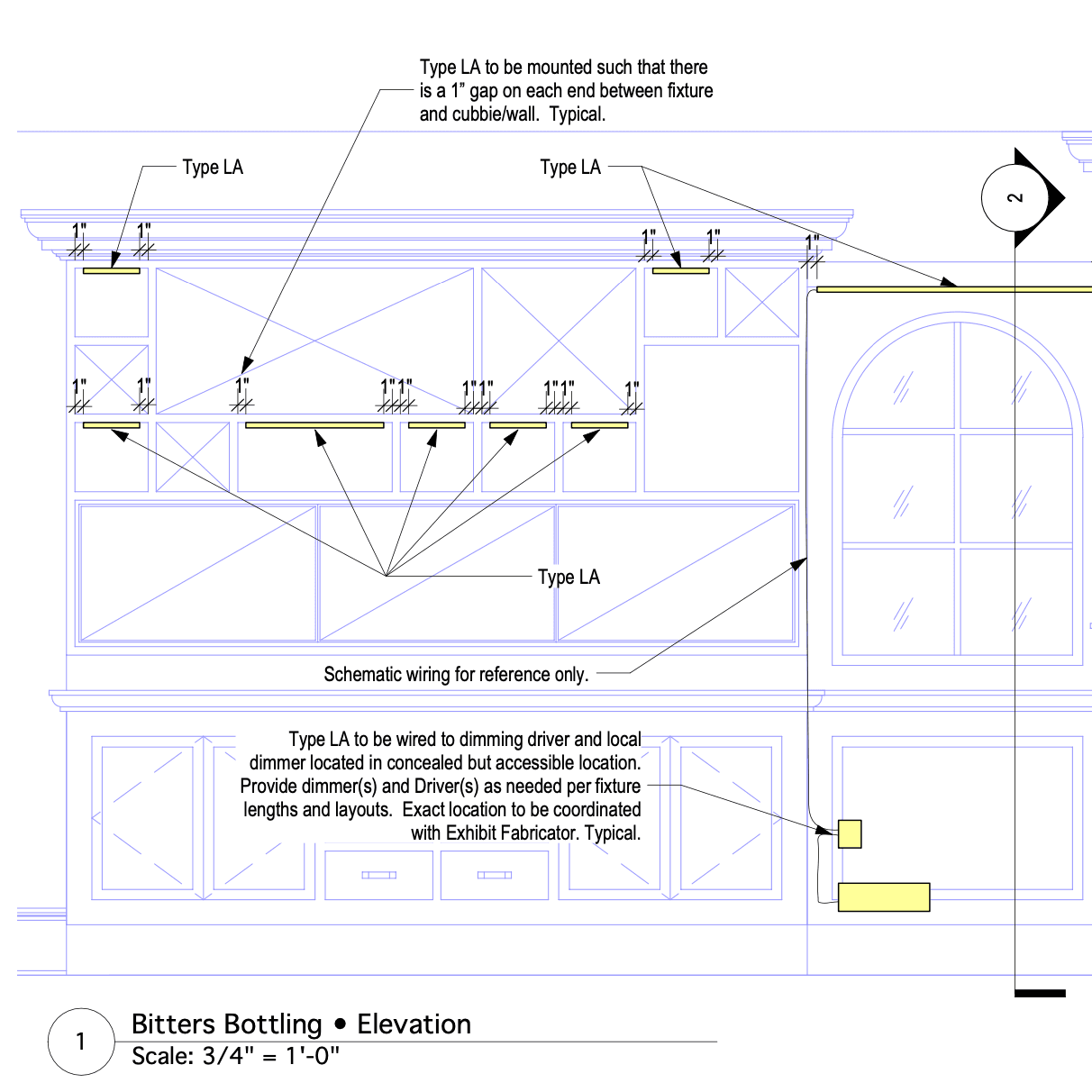 Available Light Museum Construction Administration Technical elevation drawing labeled “Bitters Bottling,” showing the placement and wiring of Type LA lighting fixtures within a built-in display cabinet, annotated with installation gaps, dimmer wiring notes, and schematic labels for exhibit fabrication.