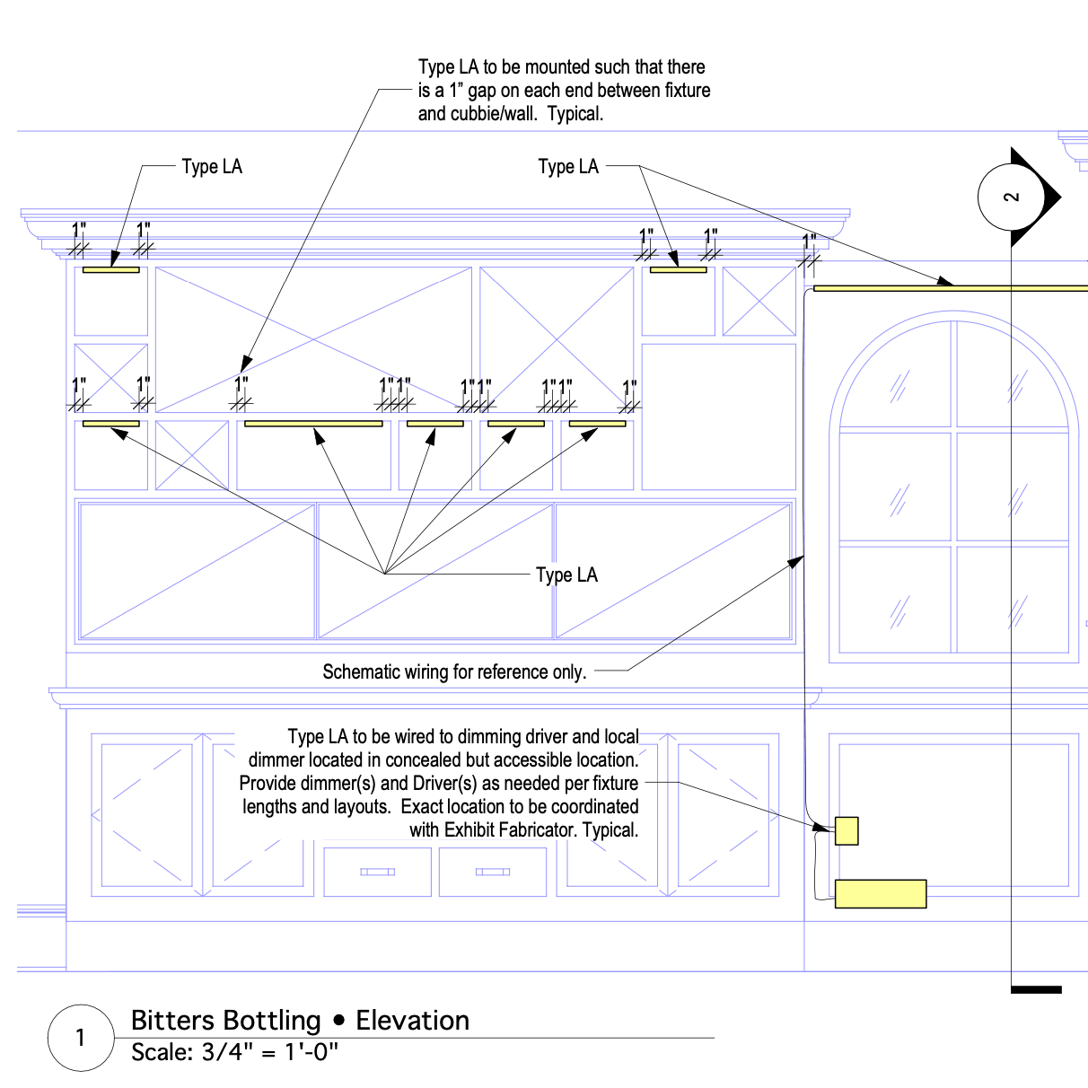 Available Light Museum Construction Administration Technical elevation drawing labeled “Bitters Bottling,” showing the placement and wiring of Type LA lighting fixtures within a built-in display cabinet, annotated with installation gaps, dimmer wiring notes, and schematic labels for exhibit fabrication.