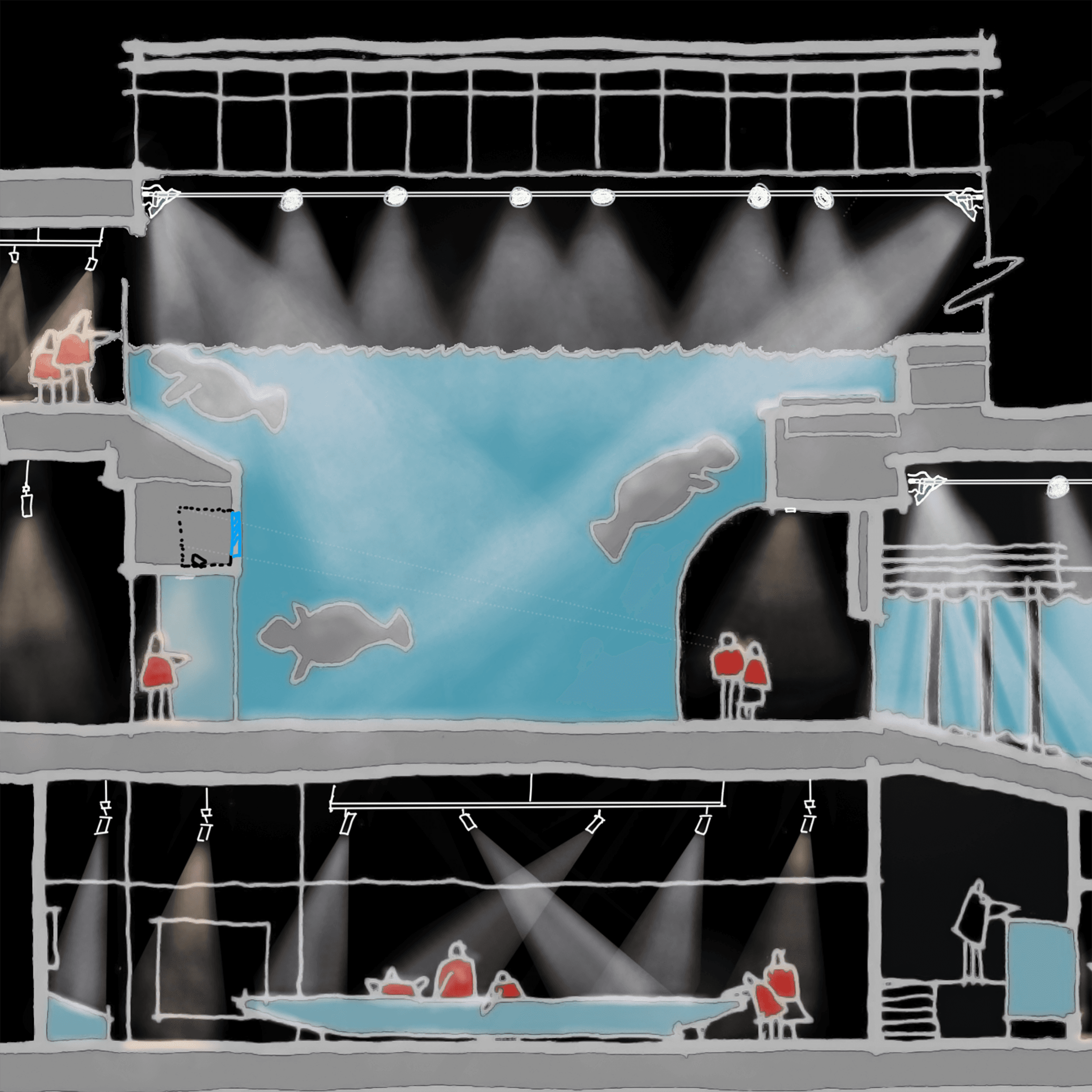 Available Light Schematic Design Sketch Conceptual cross-section sketch of an aquarium exhibit, showing multiple floors with human figures observing marine animals in large water tanks, under dramatic lighting and theatrical spotlights.