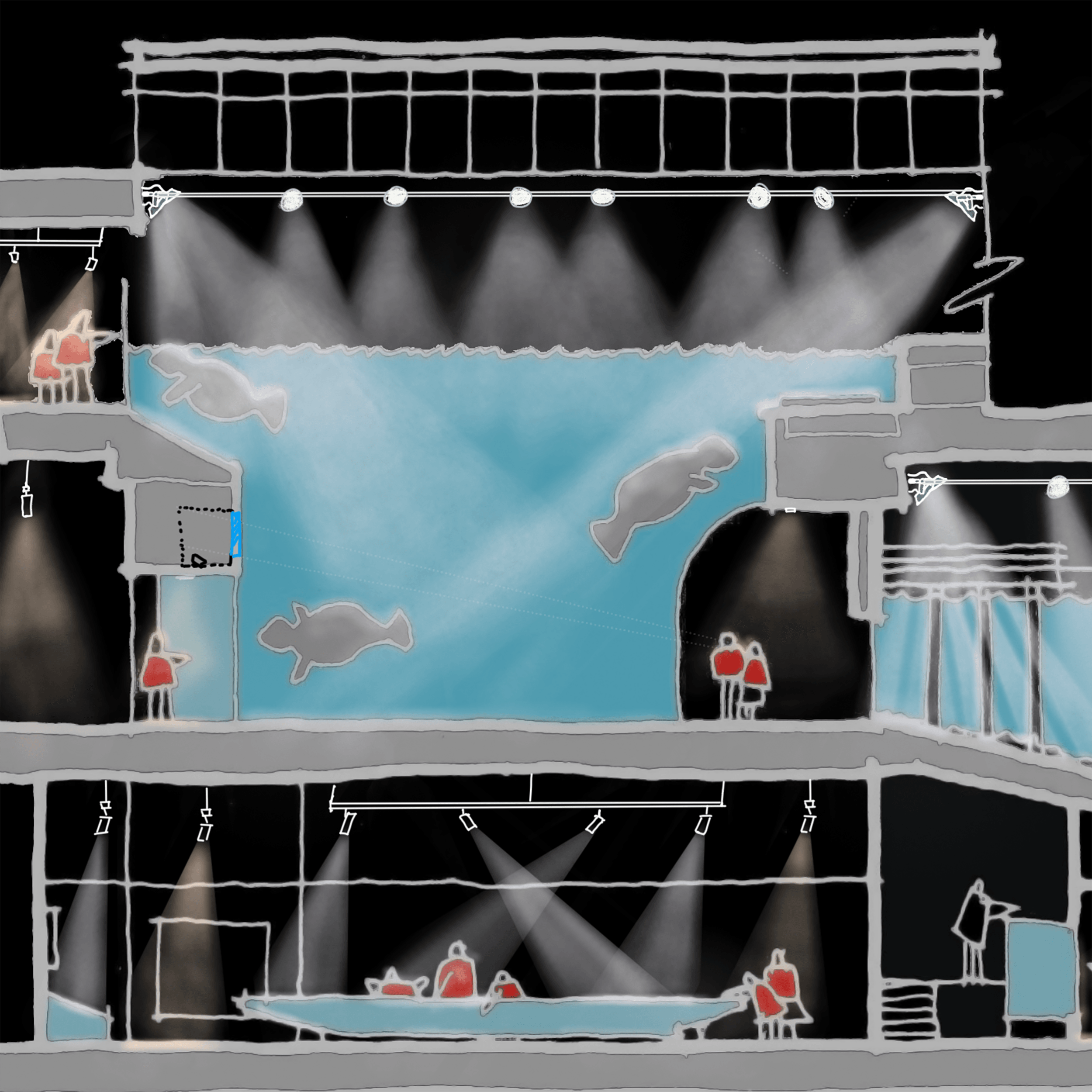 Available Light Schematic Design Sketch Conceptual cross-section sketch of an aquarium exhibit, showing multiple floors with human figures observing marine animals in large water tanks, under dramatic lighting and theatrical spotlights.