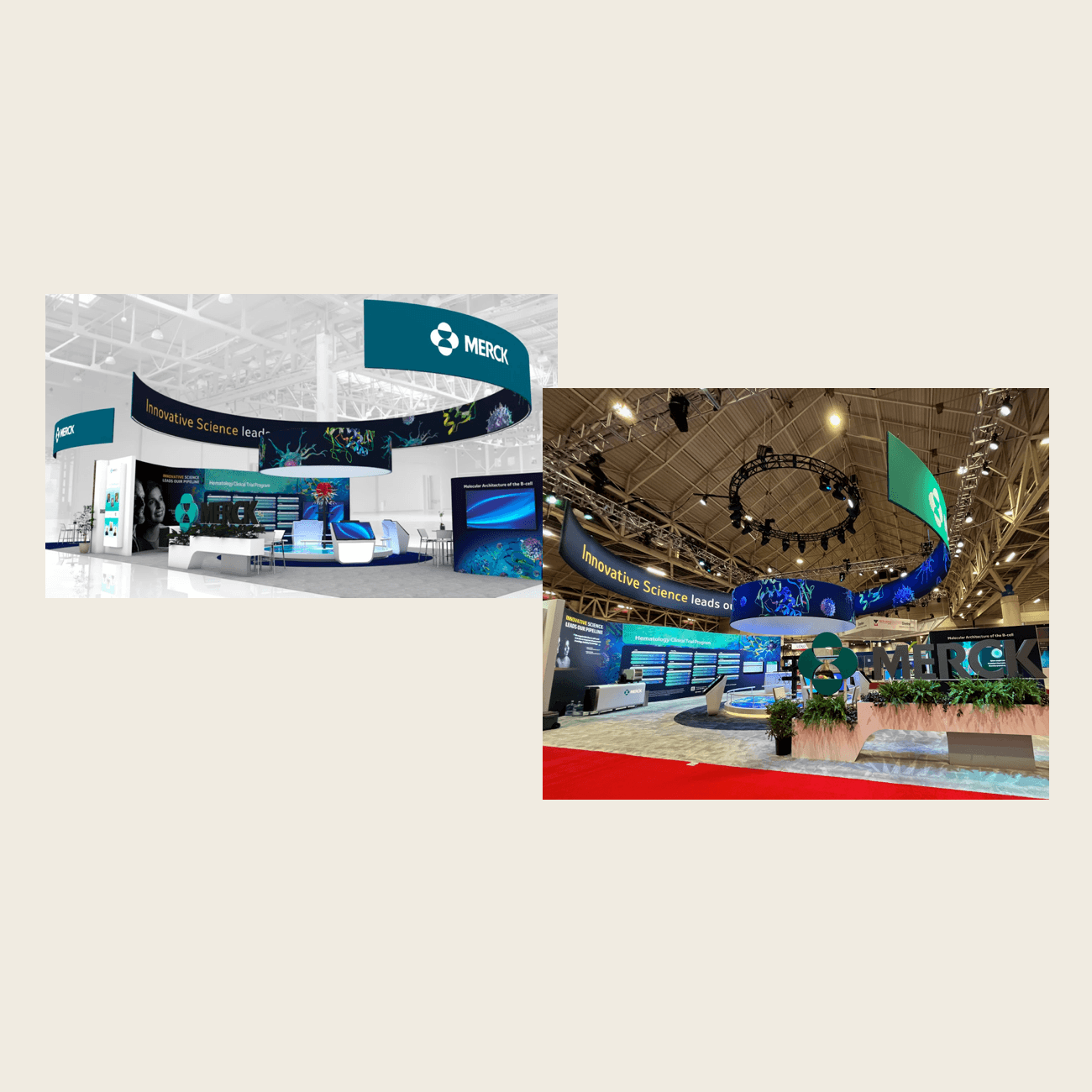 Available Light Trade Shows Pre-Production and Design Two trade show booth renderings for Merck, each featuring a large curved overhead banner with the slogan “Innovative Science leads,” vibrant digital displays, seating areas, and branded elements in a high-ceiling convention space.