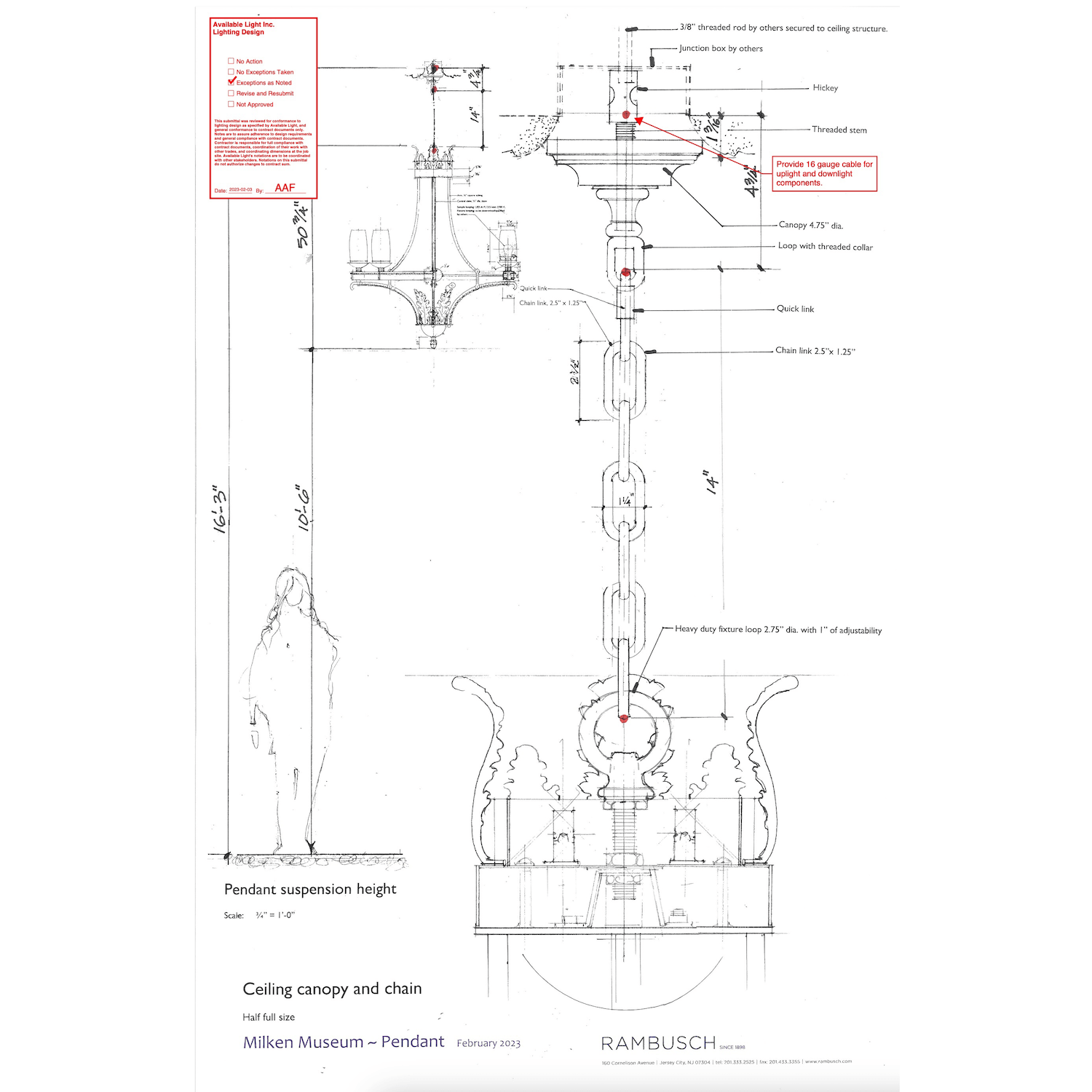 Construction Administration - Architecture Technical drawing of a pendant light fixture for the Milken Museum, showing detailed specifications of the ceiling canopy, suspension chain, and mounting hardware, with labeled dimensions and installation notes; includes a human figure for scale and a red-annotated approval box.